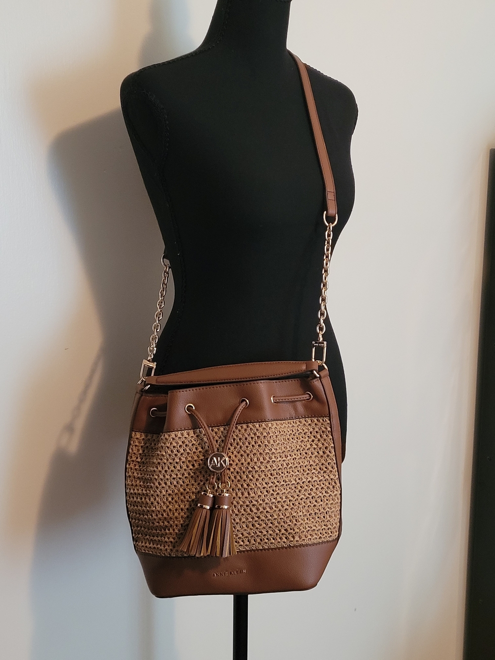 Anne Klein Brown Raffia Bucket Bag with Tassels - Picture 5 of 10